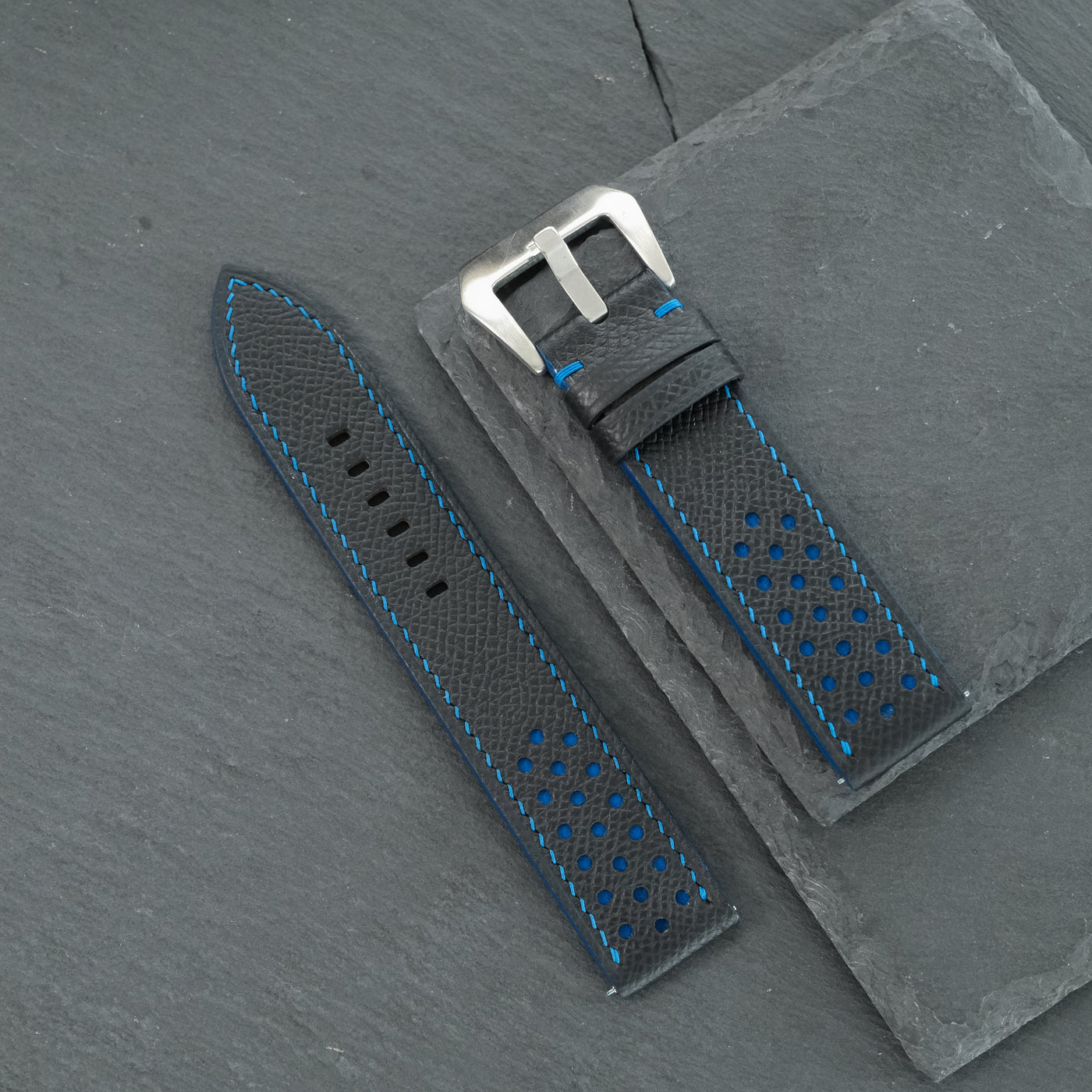 Flat Navy Epsom Leather Rally Watch Strap - Blue Racing Holes & Stitch