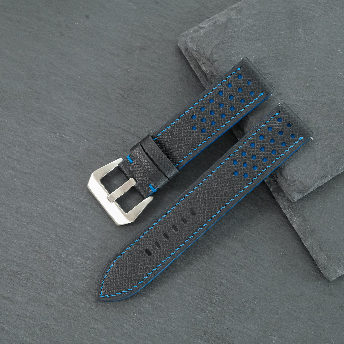 Flat Navy Epsom Leather Rally Watch Strap - Blue Racing Holes & Stitch