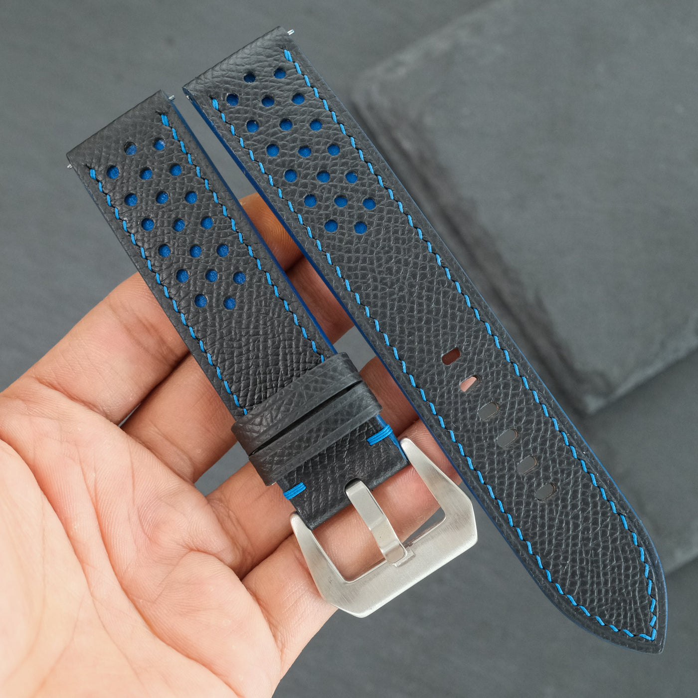 Flat Navy Epsom Leather Rally Watch Strap - Blue Racing Holes & Stitch