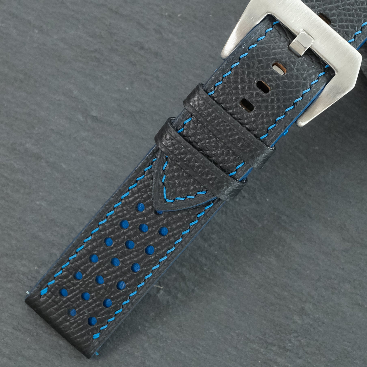 Flat Navy Epsom Leather Rally Watch Strap - Blue Racing Holes & Stitch