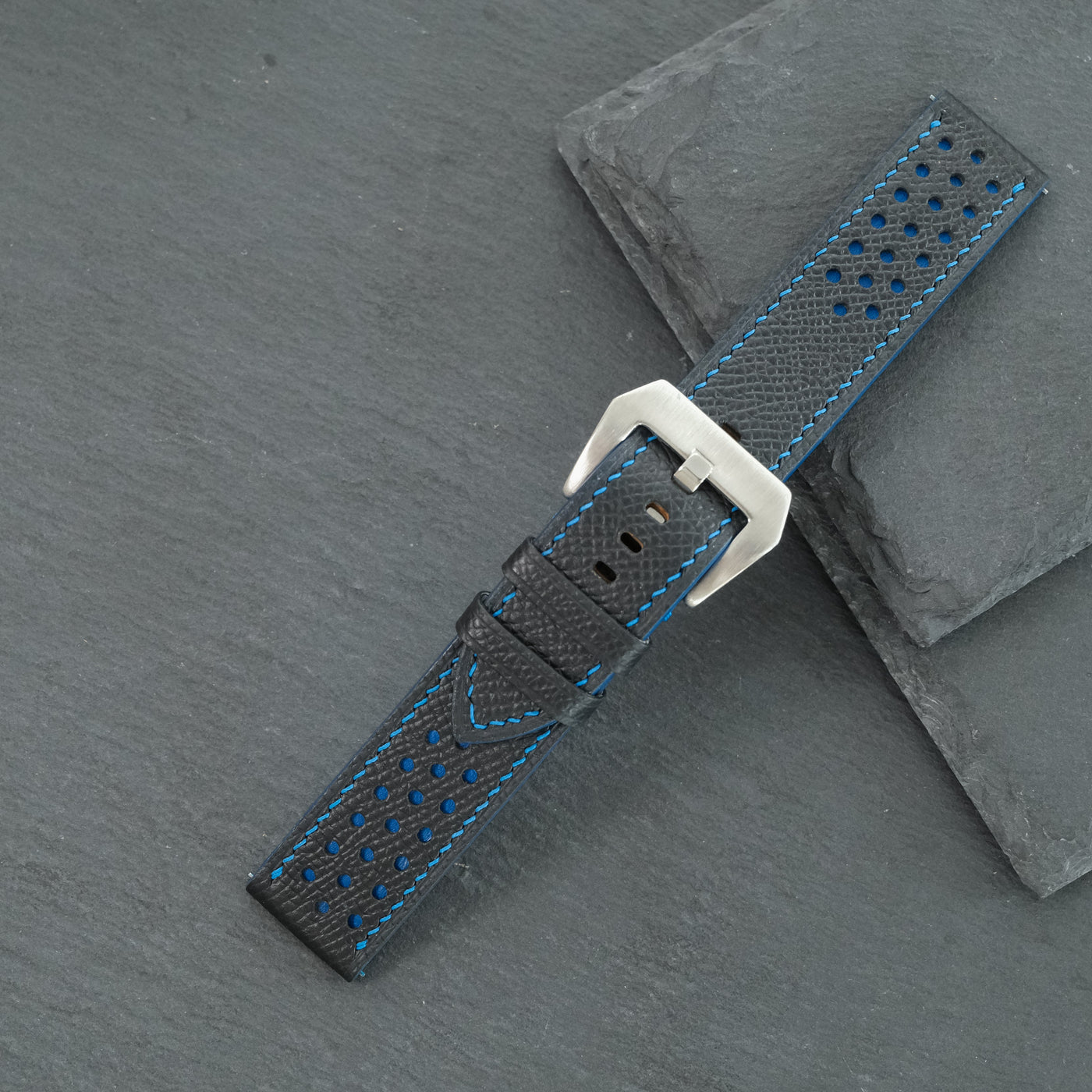 Flat Navy Epsom Leather Rally Watch Strap - Blue Racing Holes & Stitch