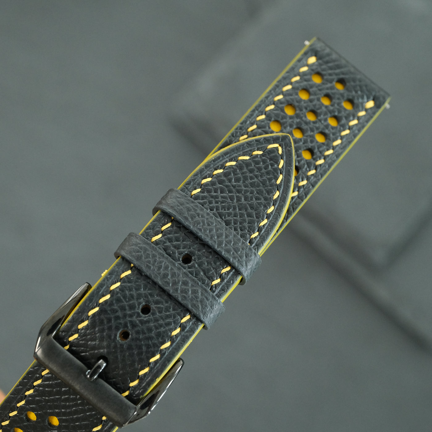 Flat Black Epsom Leather Rally Watch Strap - Yellow Racing Holes & Stitch