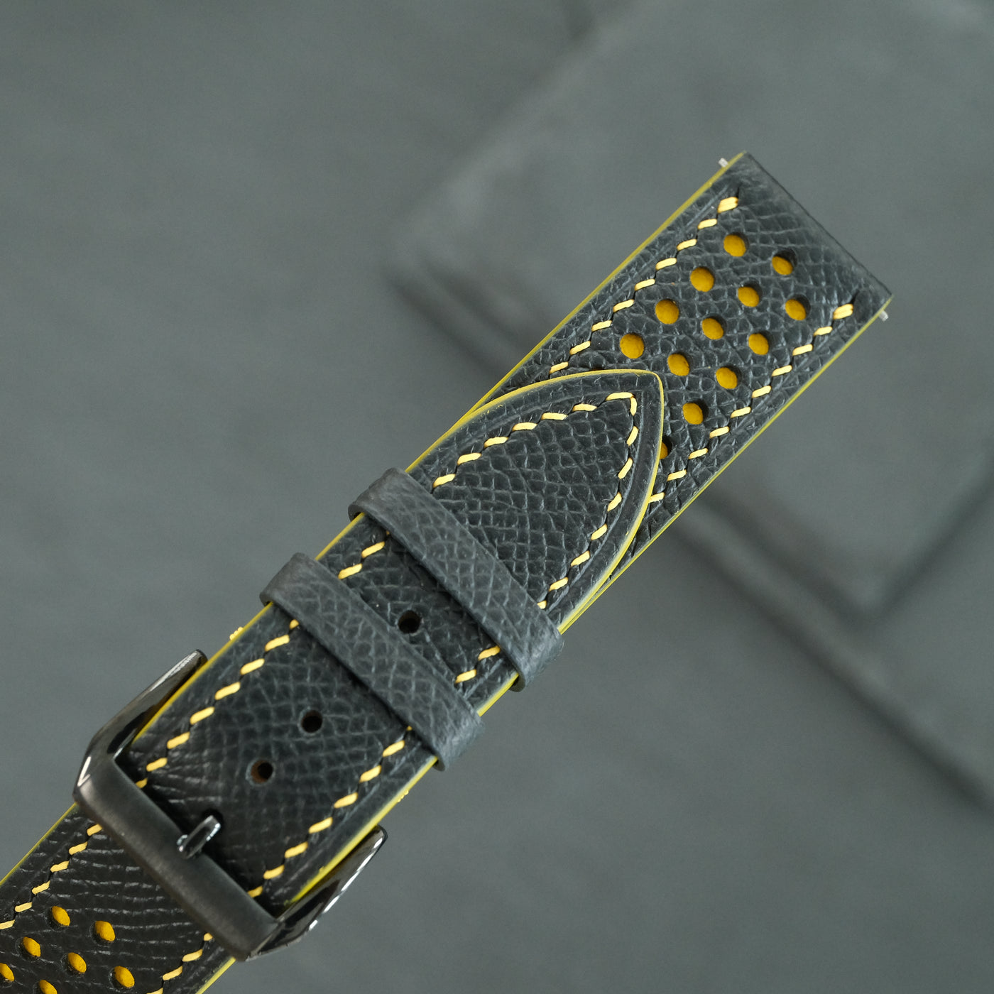 Flat Black Epsom Leather Rally Watch Strap - Yellow Racing Holes & Stitch