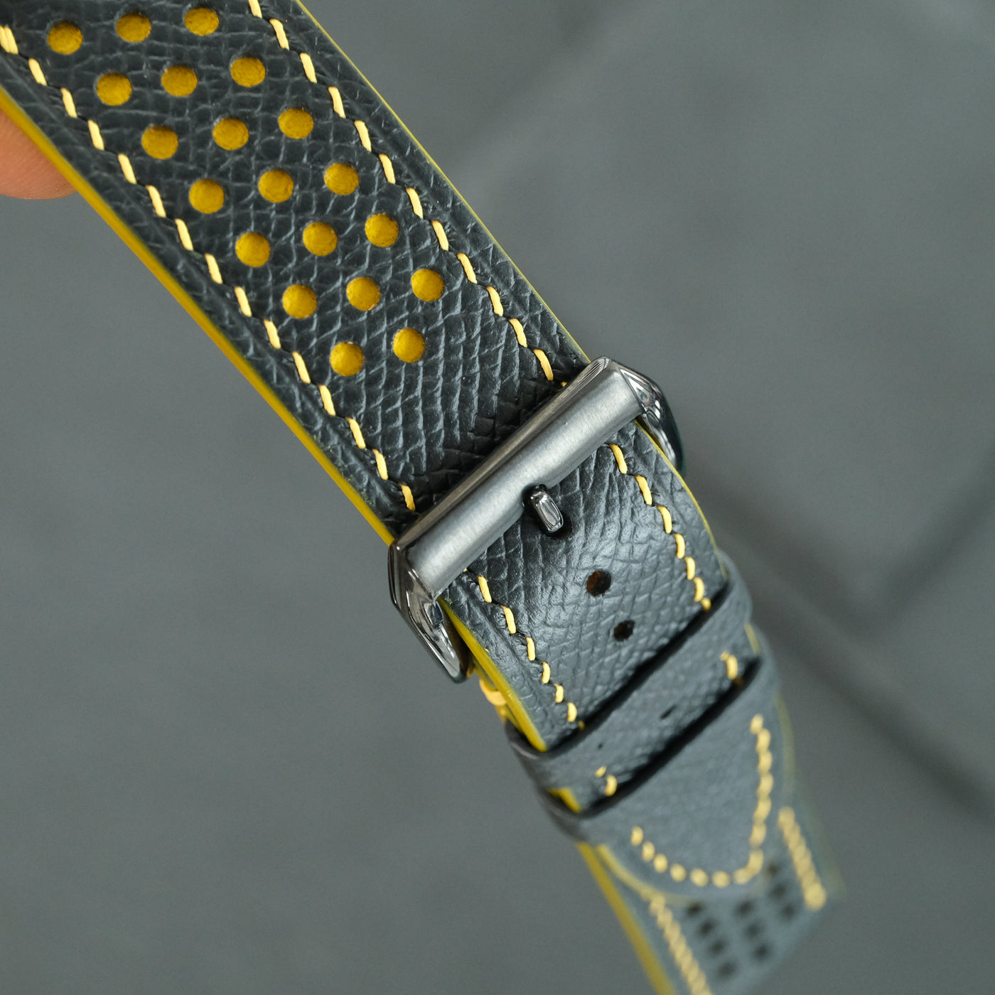 Flat Black Epsom Leather Rally Watch Strap - Yellow Racing Holes & Stitch