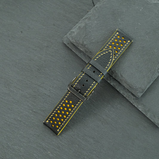 Black Rally Watch Strap - Yellow Stitch