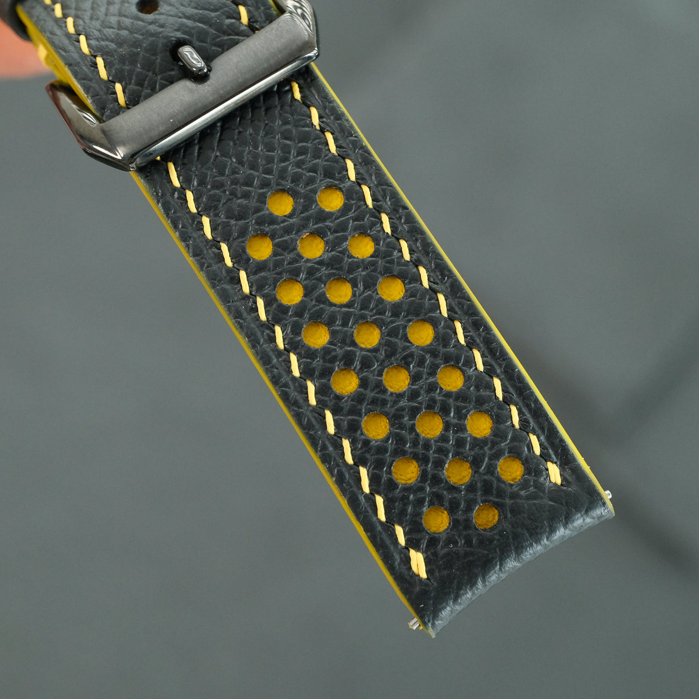 Flat Black Epsom Leather Rally Watch Strap - Yellow Racing Holes & Stitch