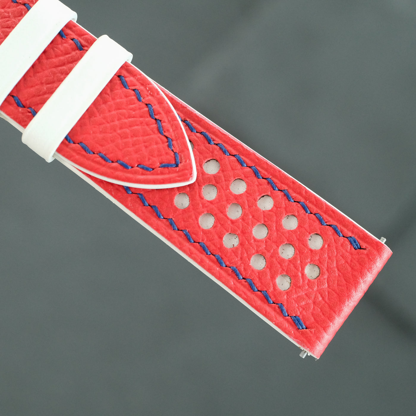 Flat Red Epsom Leather Rally Watch Strap - White Racing Holes, Blue Stitch