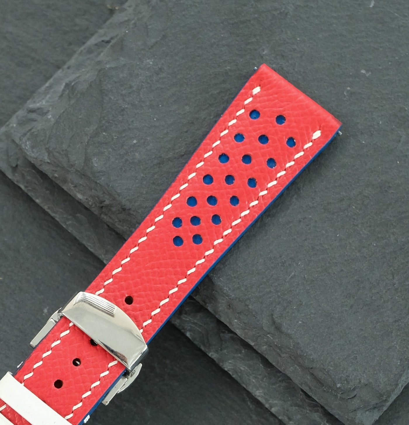 Flat Red Epsom Leather Rally Watch Strap - White Racing Holes, Blue Stitch