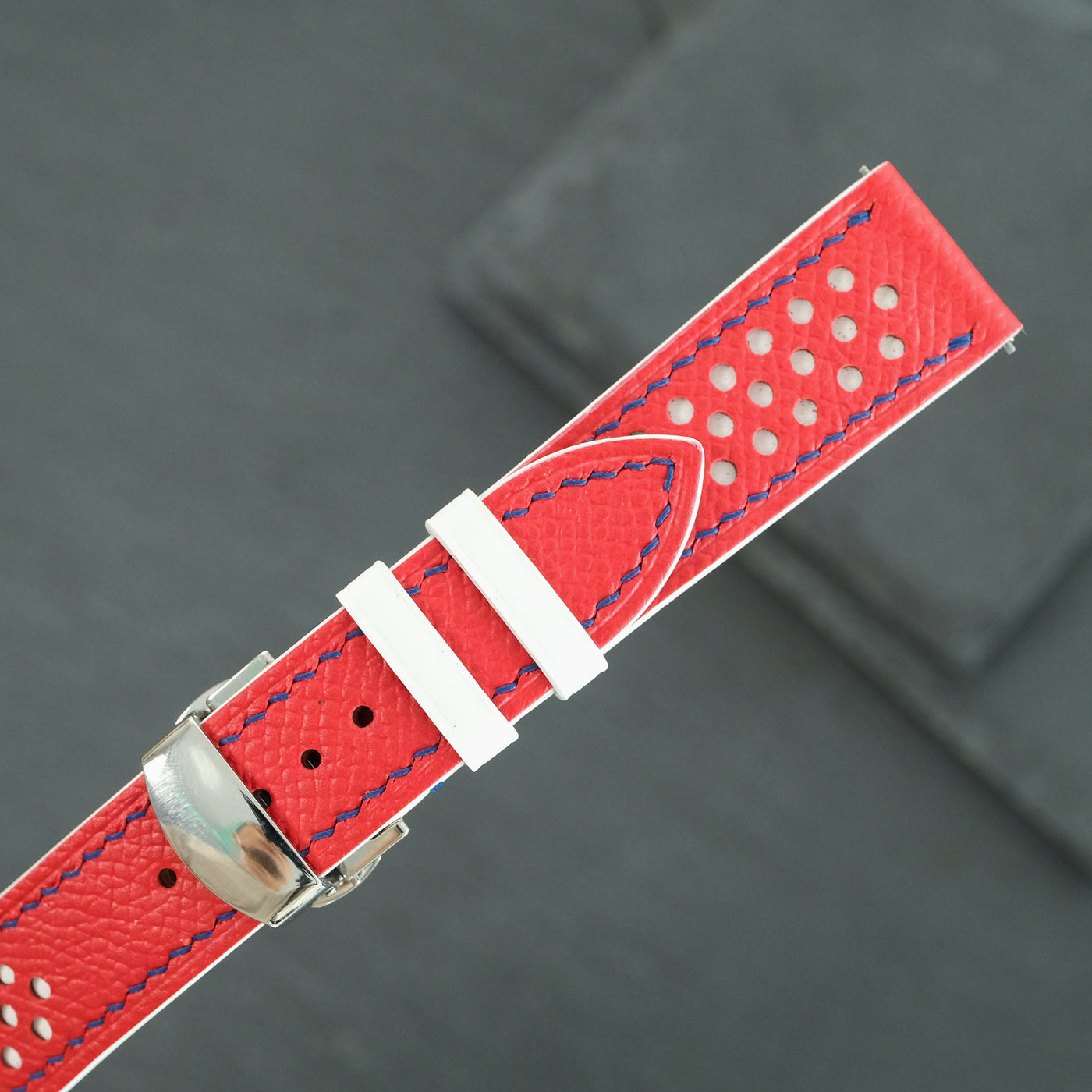 Flat Red Epsom Leather Rally Watch Strap - White Racing Holes, Blue Stitch