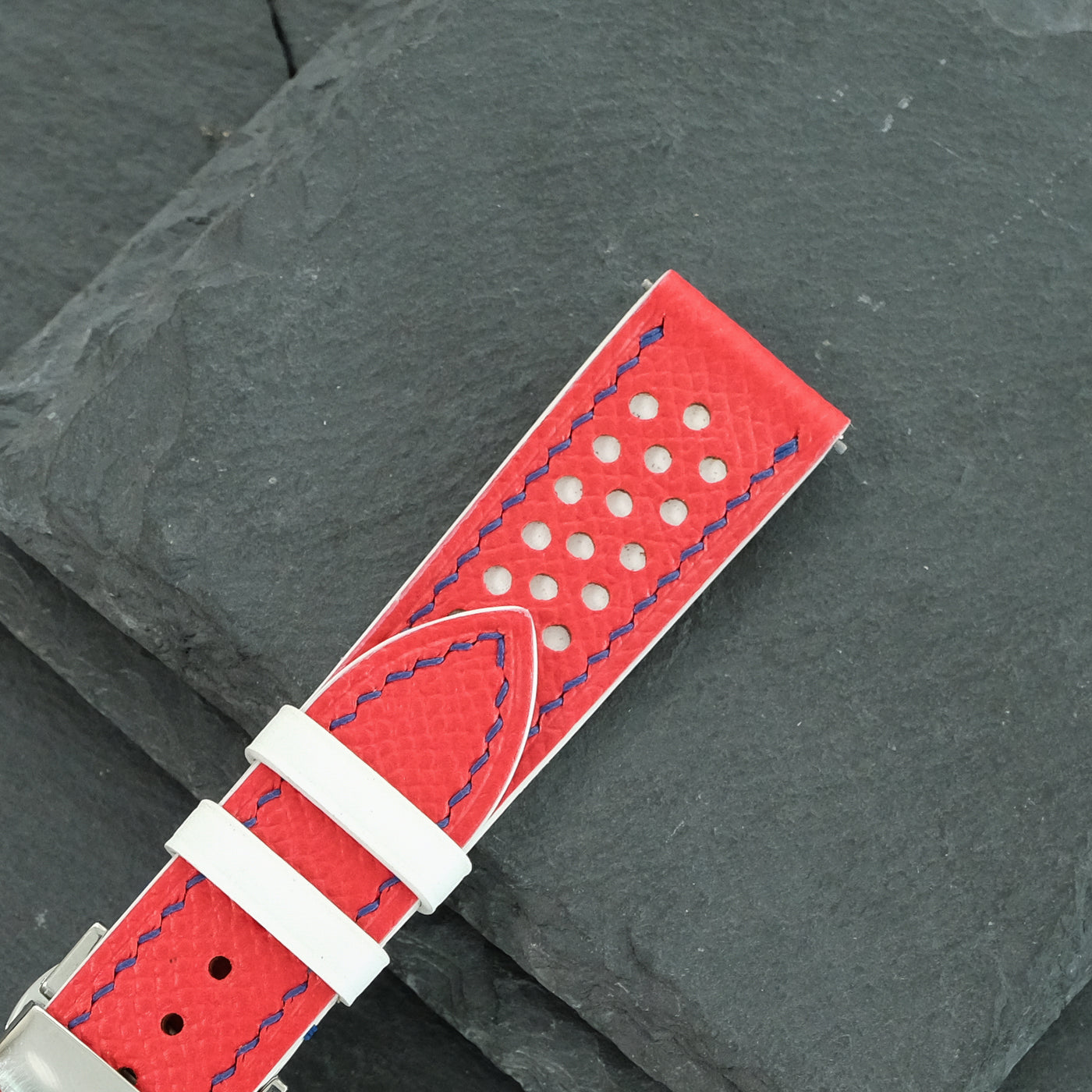 Flat Red Epsom Leather Rally Watch Strap - White Racing Holes, Blue Stitch