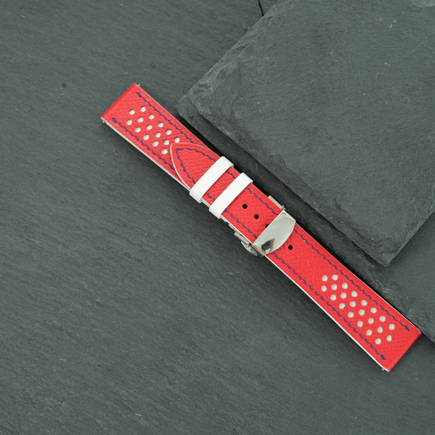 Flat Red Epsom Leather Rally Watch Strap - White Racing Holes, Blue Stitch