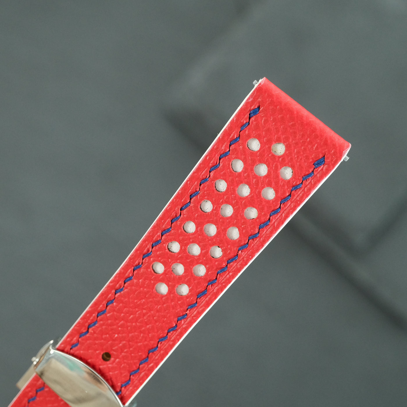 Flat Red Epsom Leather Rally Watch Strap - White Racing Holes, Blue Stitch