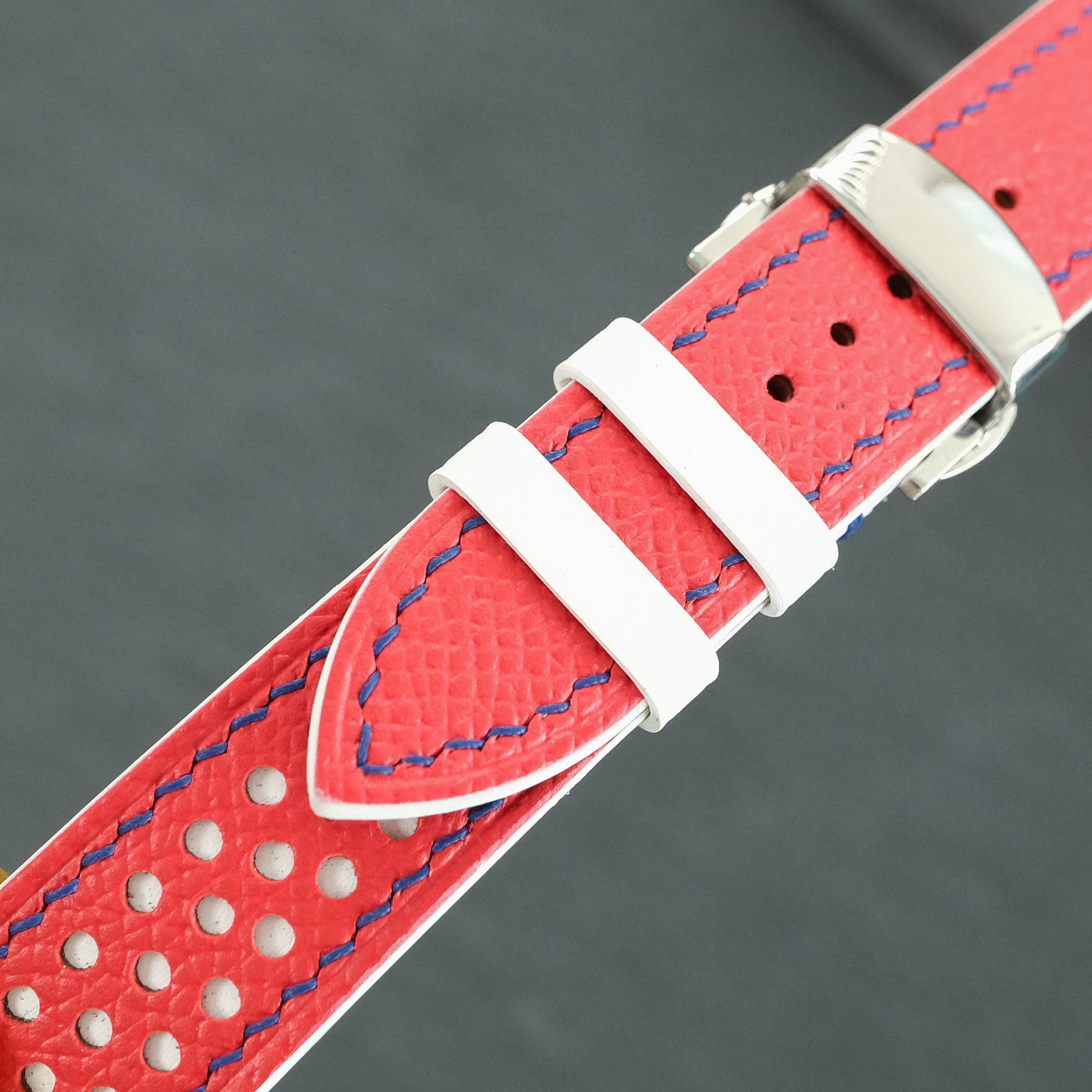 Flat Red Epsom Leather Rally Watch Strap - White Racing Holes, Blue Stitch