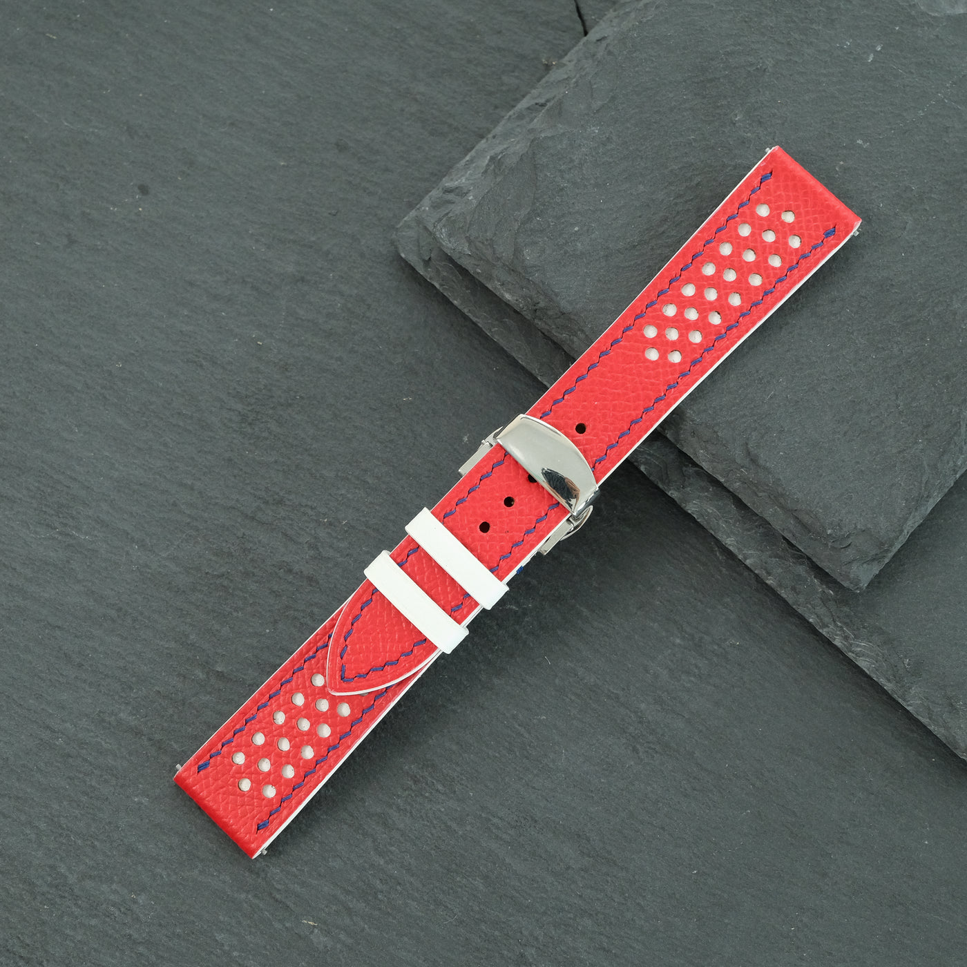 Flat Red Epsom Leather Rally Watch Strap - White Racing Holes, Blue Stitch