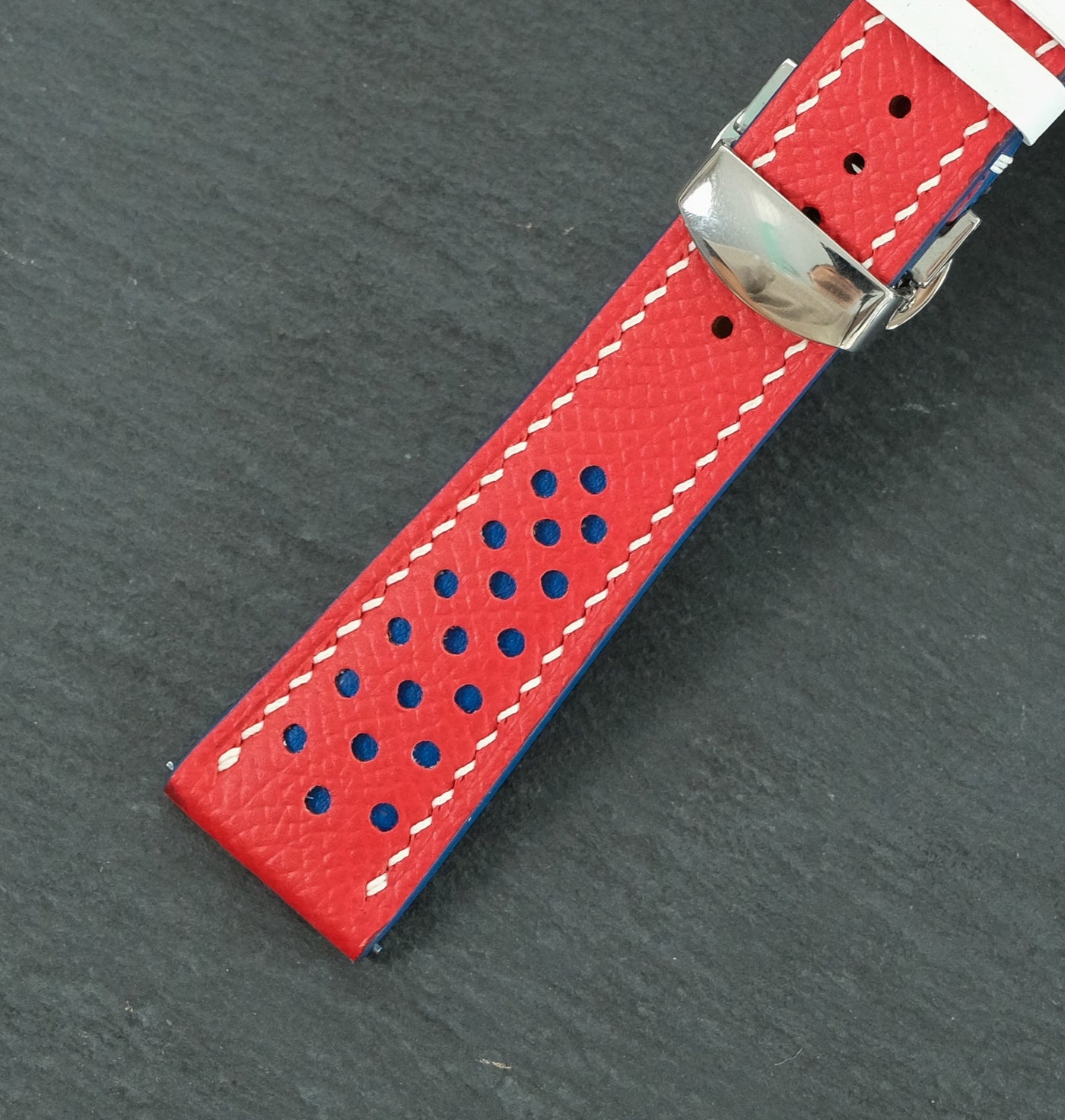 Flat Red Epsom Leather Rally Watch Strap - White Racing Holes, Blue Stitch