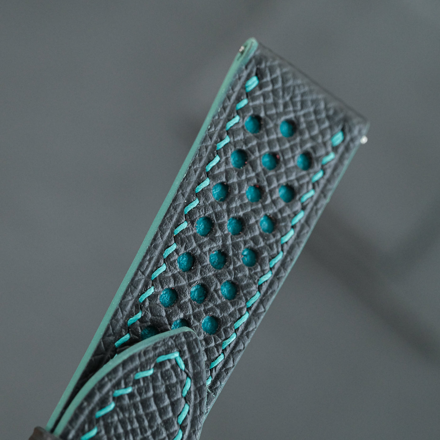 Flat Black Epsom Leather Rally Watch Strap - Turquoise Racing Holes & Stitch