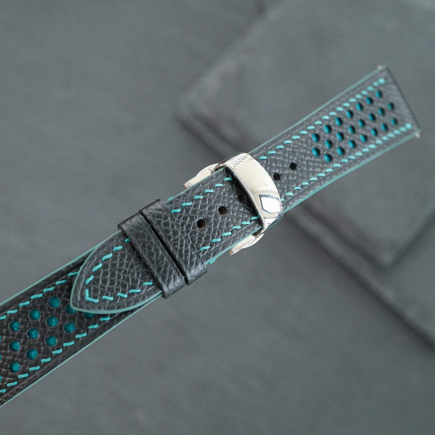 Flat Black Epsom Leather Rally Watch Strap - Turquoise Racing Holes & Stitch