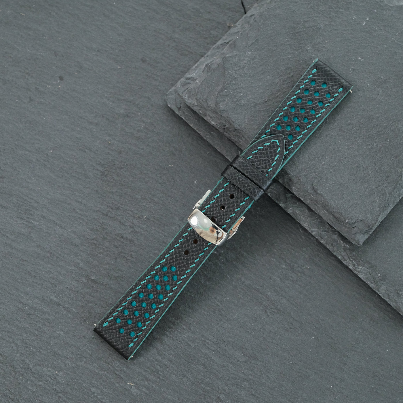 Flat Black Epsom Leather Rally Watch Strap - Turquoise Racing Holes & Stitch