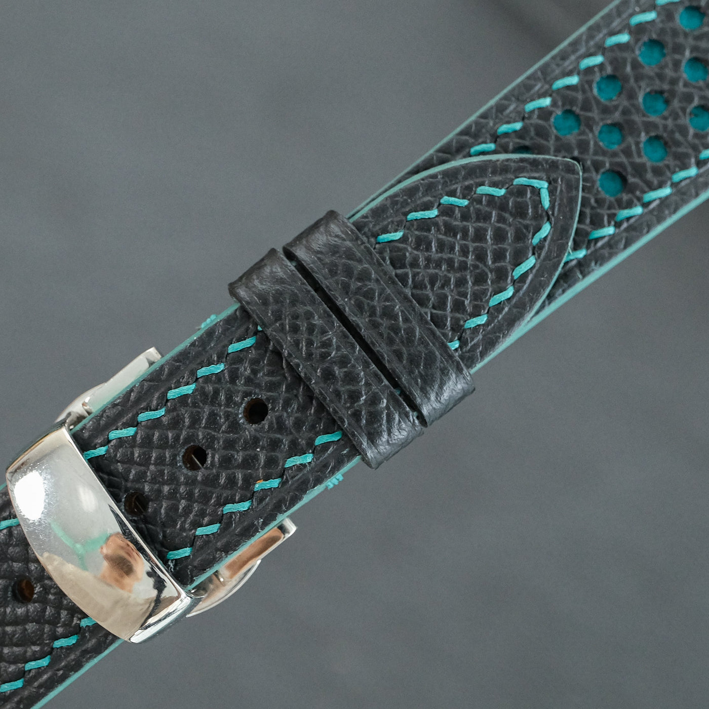 Flat Black Epsom Leather Rally Watch Strap - Turquoise Racing Holes & Stitch