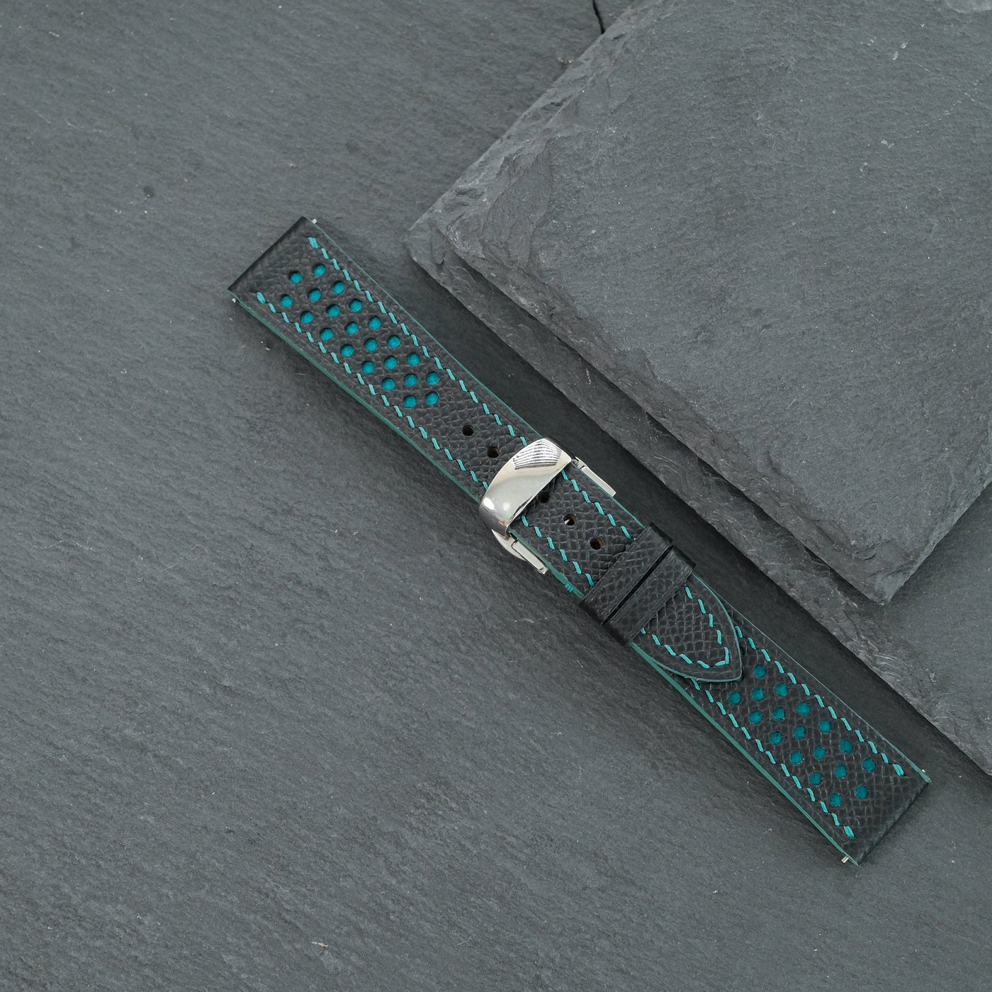 Flat Black Epsom Leather Rally Watch Strap - Turquoise Racing Holes & Stitch