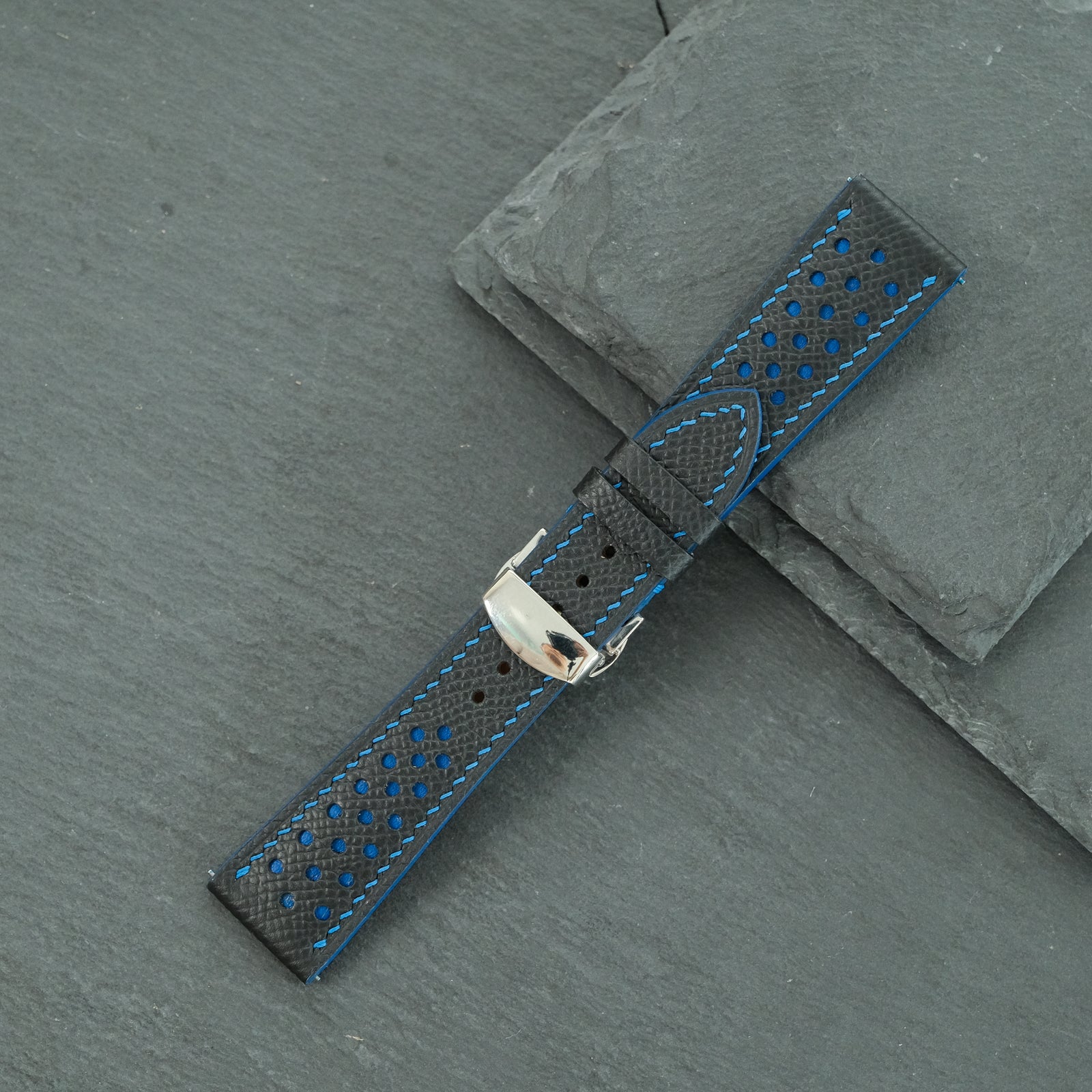 Flat Navy Epsom Leather Rally Watch Strap - Blue Racing Holes & Stitch