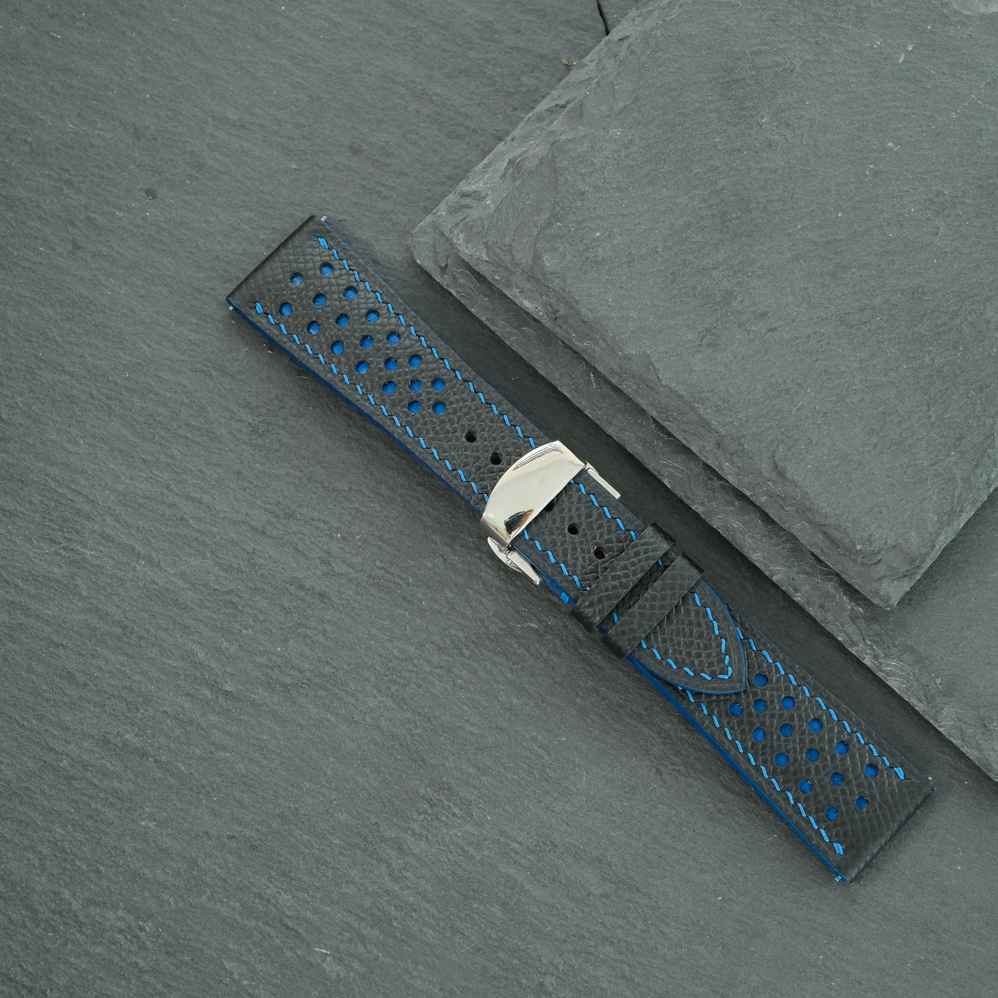 Flat Navy Epsom Leather Rally Watch Strap - Blue Racing Holes & Stitch