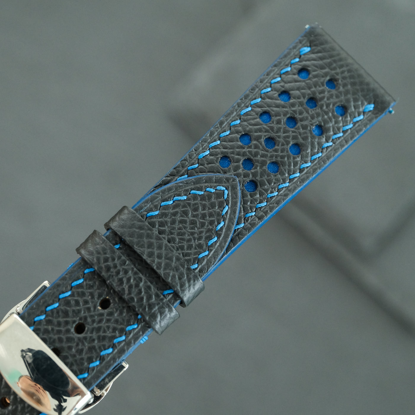 Flat Navy Epsom Leather Rally Watch Strap - Blue Racing Holes & Stitch