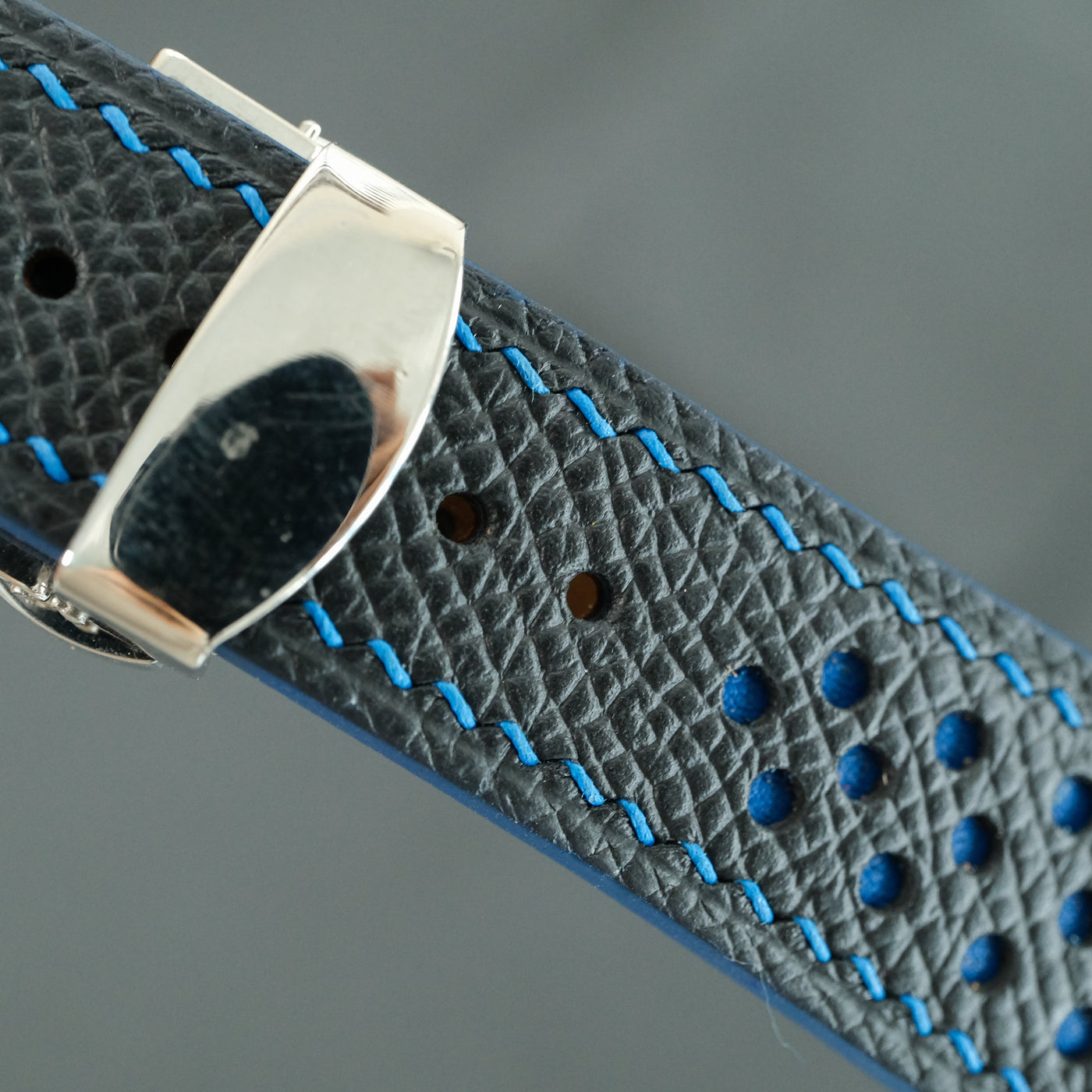 Flat Navy Epsom Leather Rally Watch Strap - Blue Racing Holes & Stitch
