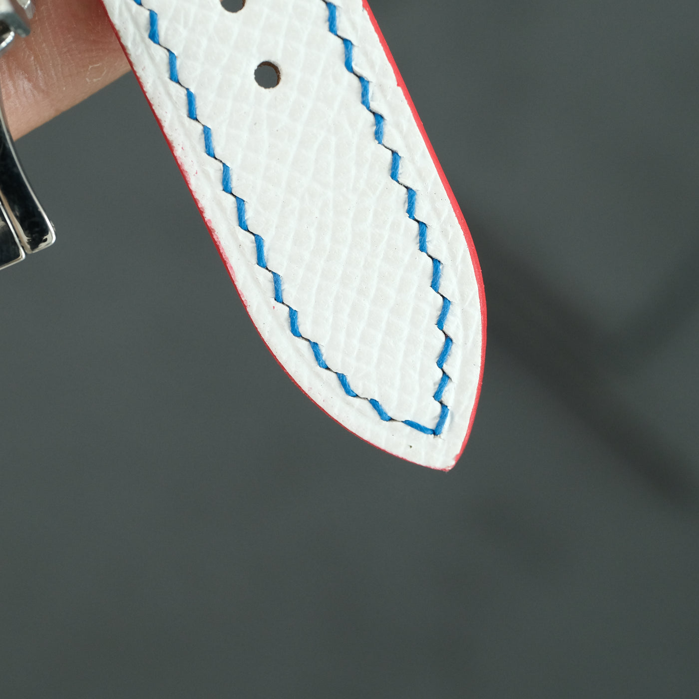 Flat White Epsom Red Rally Racing Holes Leather Watch Strap Blue Stitch