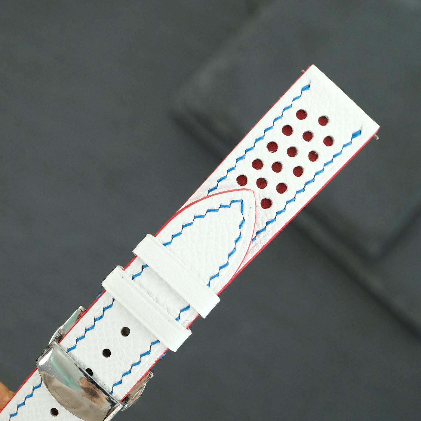Flat White Epsom Red Rally Racing Holes Leather Watch Strap Blue Stitch