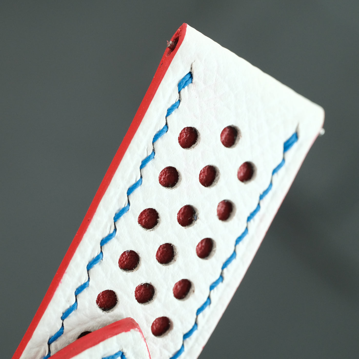 Flat White Epsom Red Rally Racing Holes Leather Watch Strap Blue Stitch