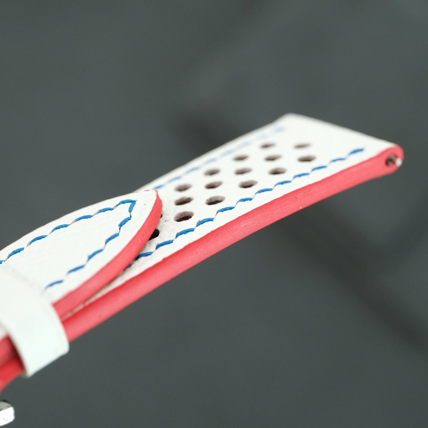 Flat White Epsom Red Rally Racing Holes Leather Watch Strap Blue Stitch