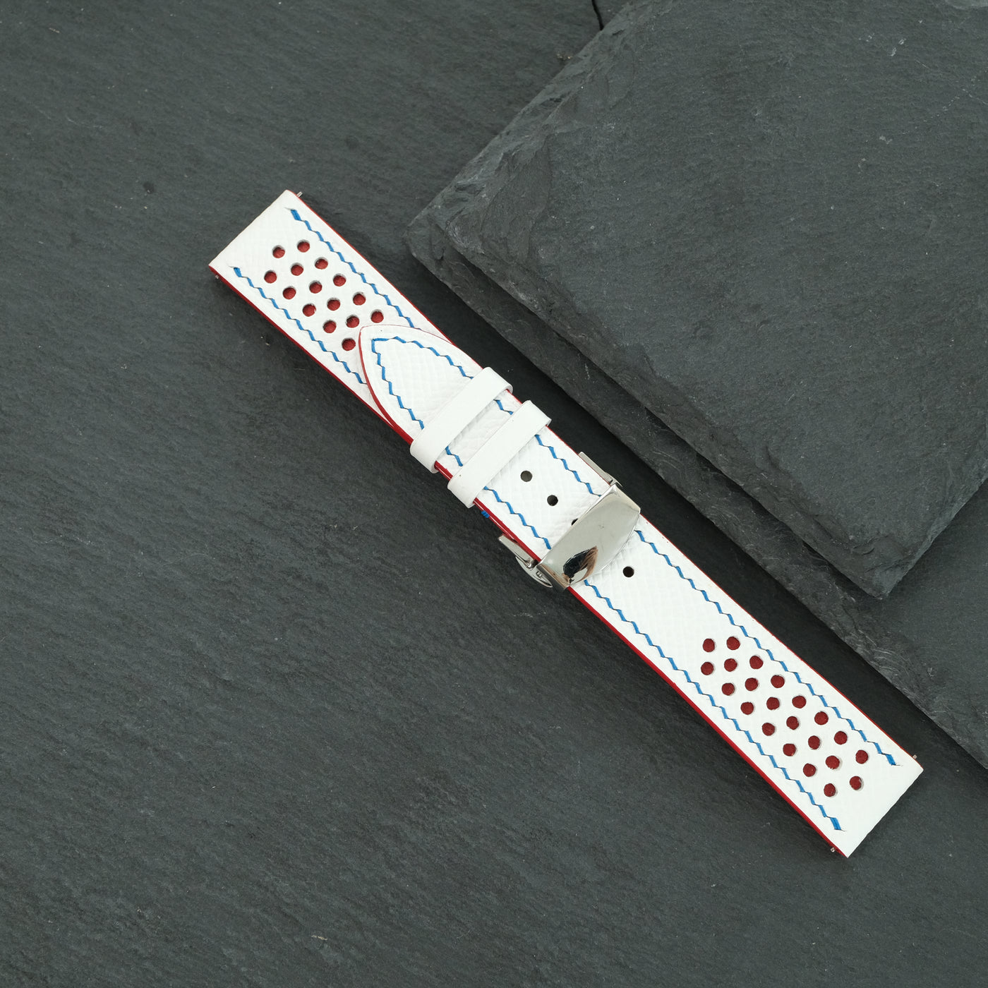 Flat White Epsom Red Rally Racing Holes Leather Watch Strap Blue Stitch