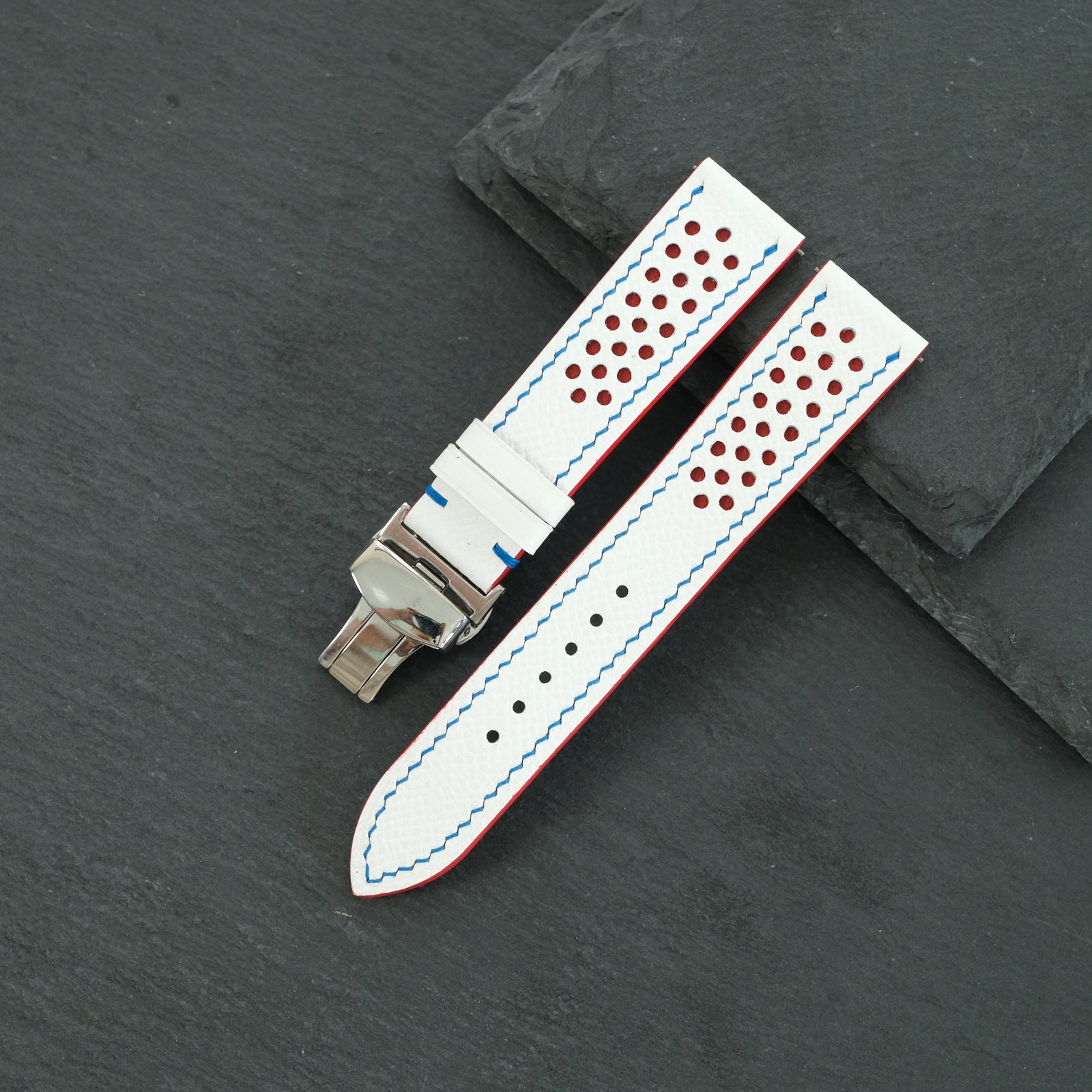 Flat White Epsom Red Rally Racing Holes Leather Watch Strap Blue Stitch