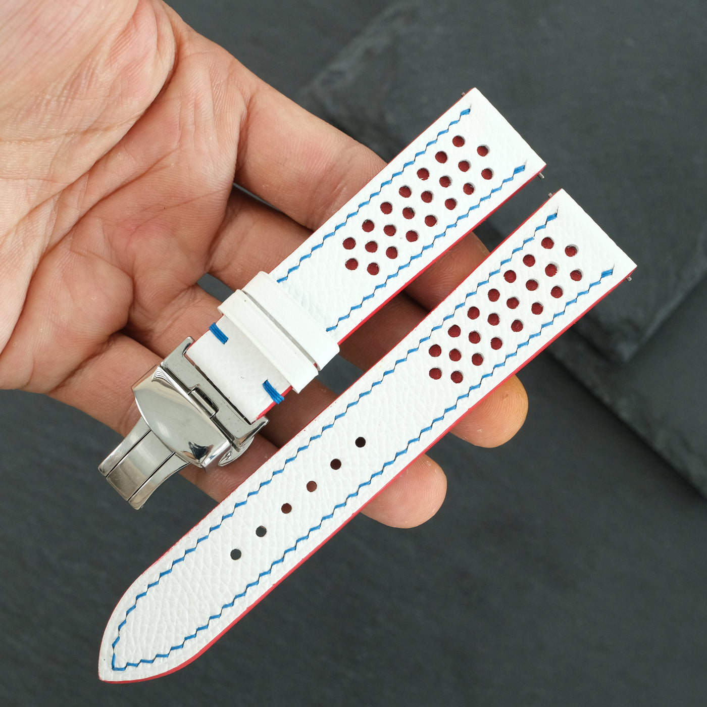 Flat White Epsom Red Rally Racing Holes Leather Watch Strap Blue Stitch