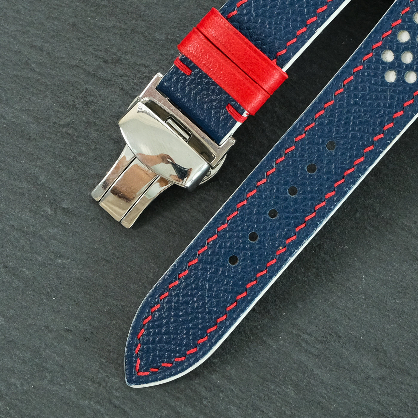 Flat Navy Epsom White Rally Racing Holes Leather Watch Strap Red Stitch, Keeper