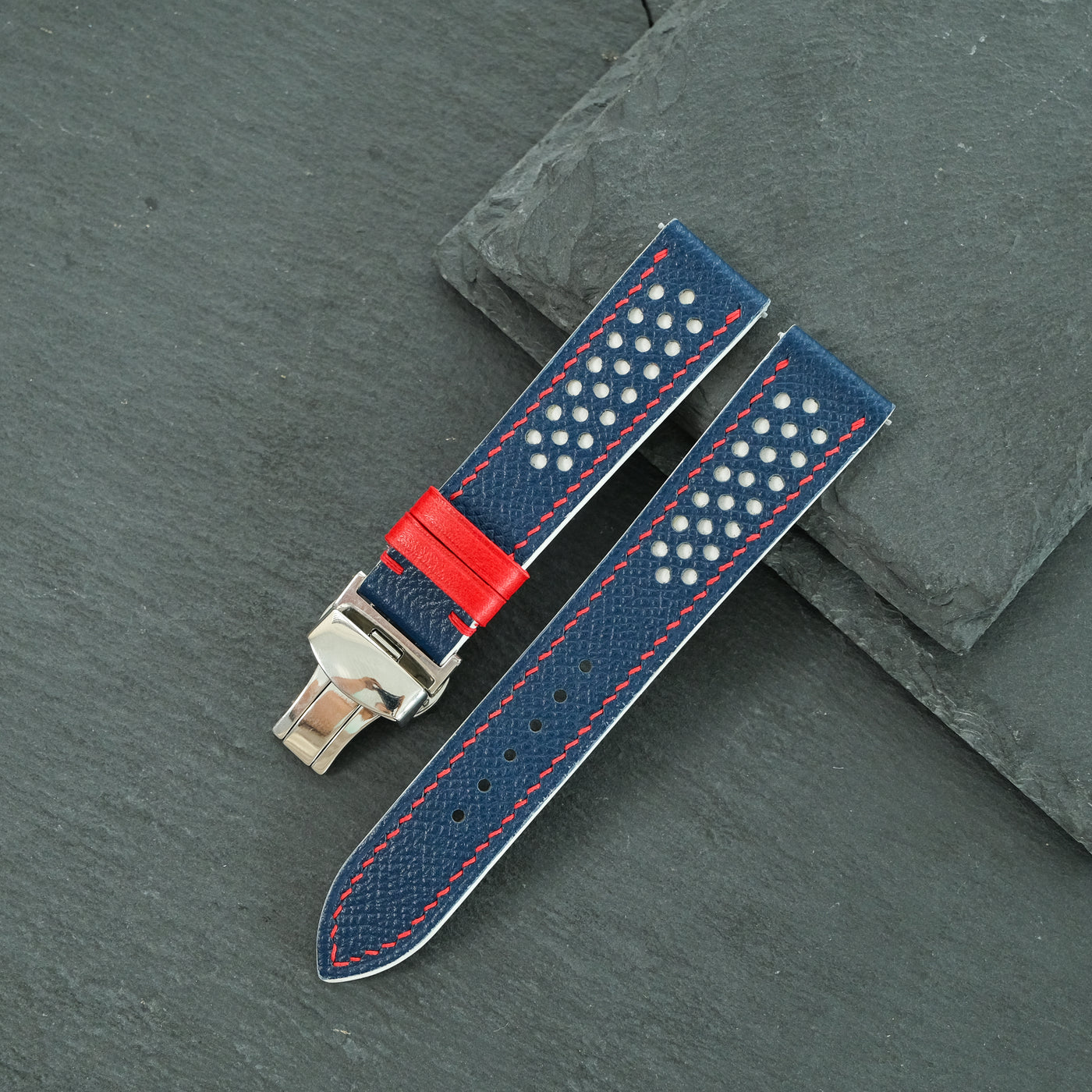 Flat Navy Epsom White Rally Racing Holes Leather Watch Strap Red Stitch, Keeper