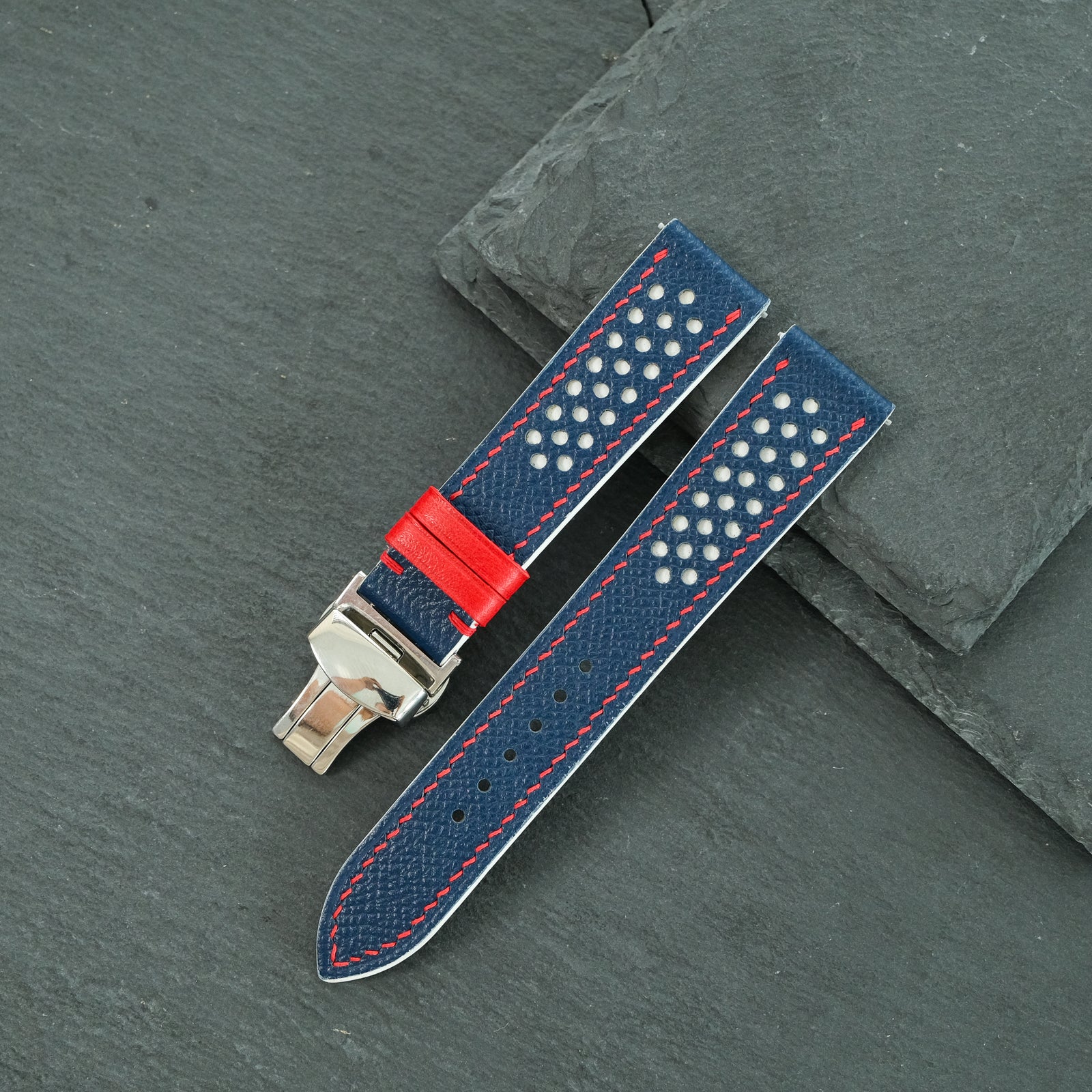 Flat Navy Epsom White Rally Racing Holes Leather Watch Strap Red Stitch, Keeper
