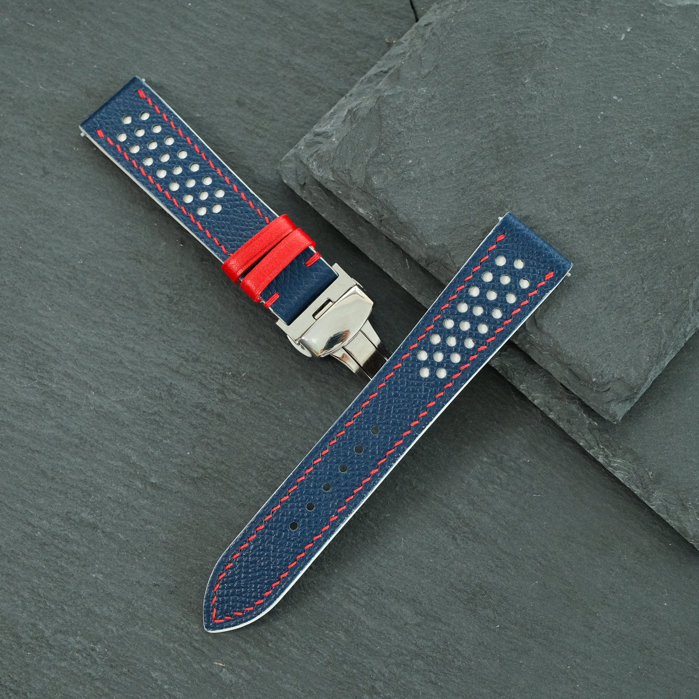 Flat Navy Epsom White Rally Racing Holes Leather Watch Strap Red Stitch, Keeper