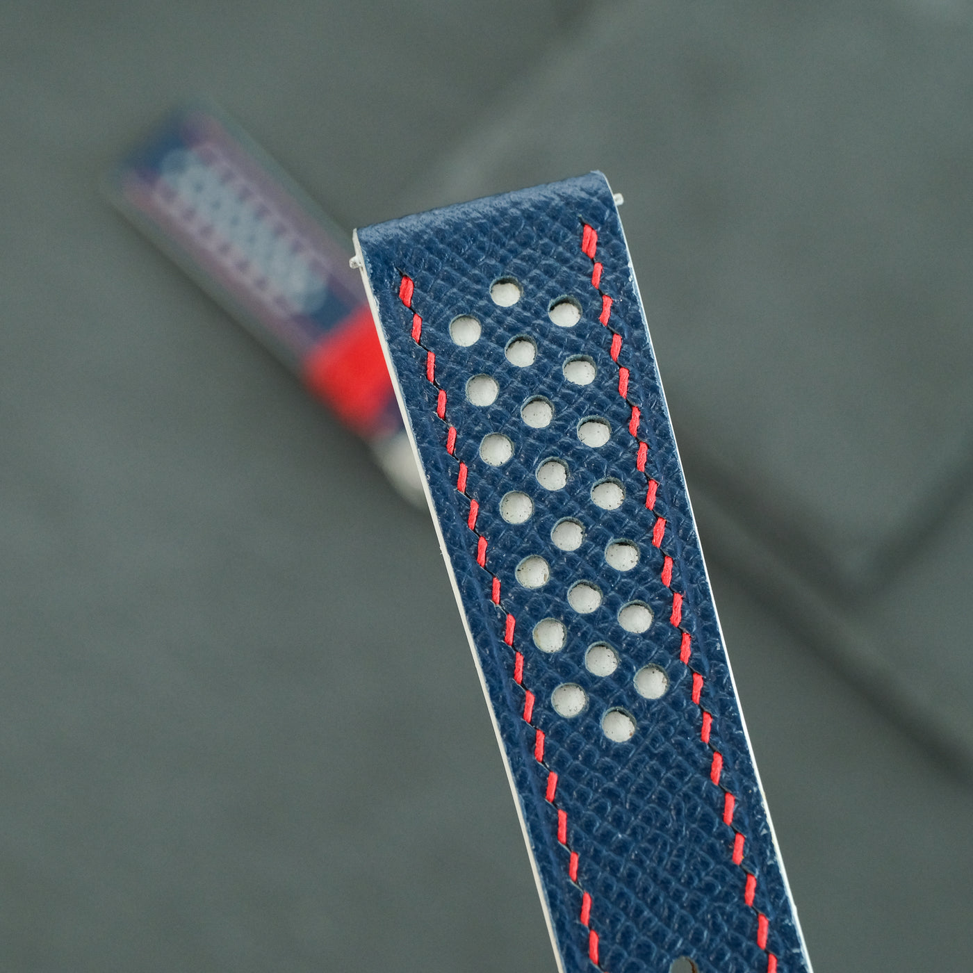 Flat Navy Epsom White Rally Racing Holes Leather Watch Strap Red Stitch, Keeper