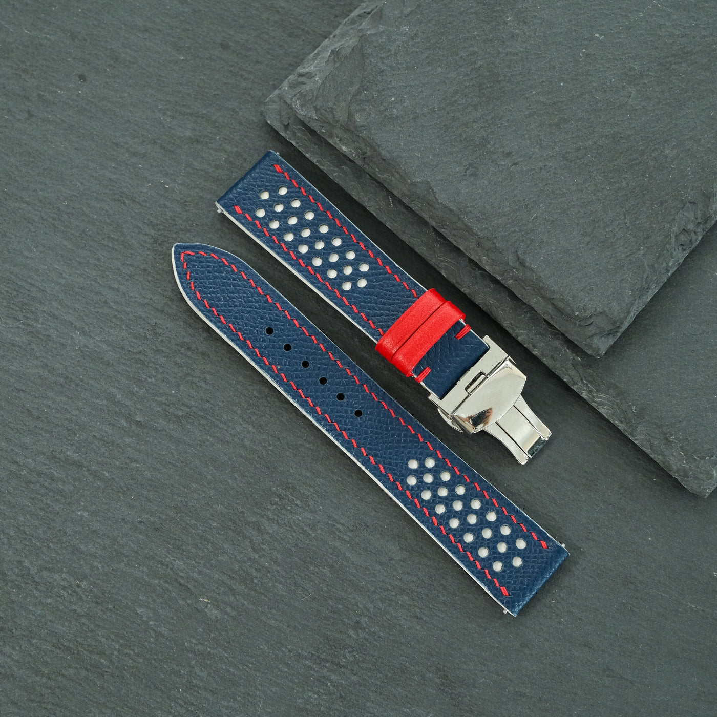 Flat Navy Epsom White Rally Racing Holes Leather Watch Strap Red Stitch, Keeper