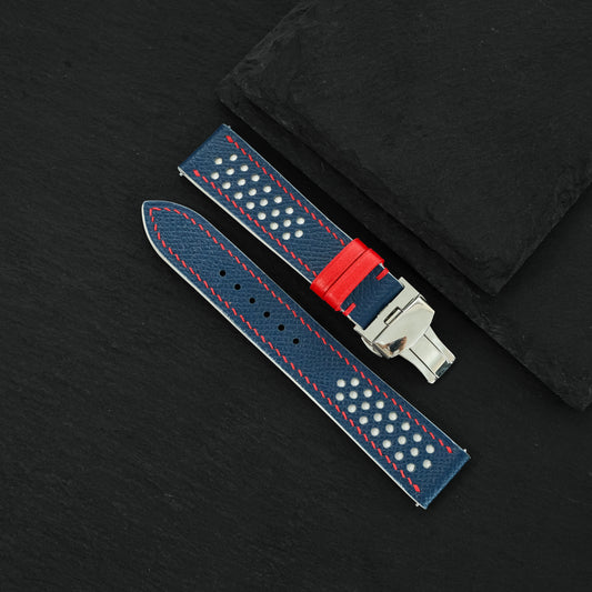 Flat Navy Epsom White Rally Racing Holes Leather Watch Strap Red Stitch, Keeper — ảnh 2