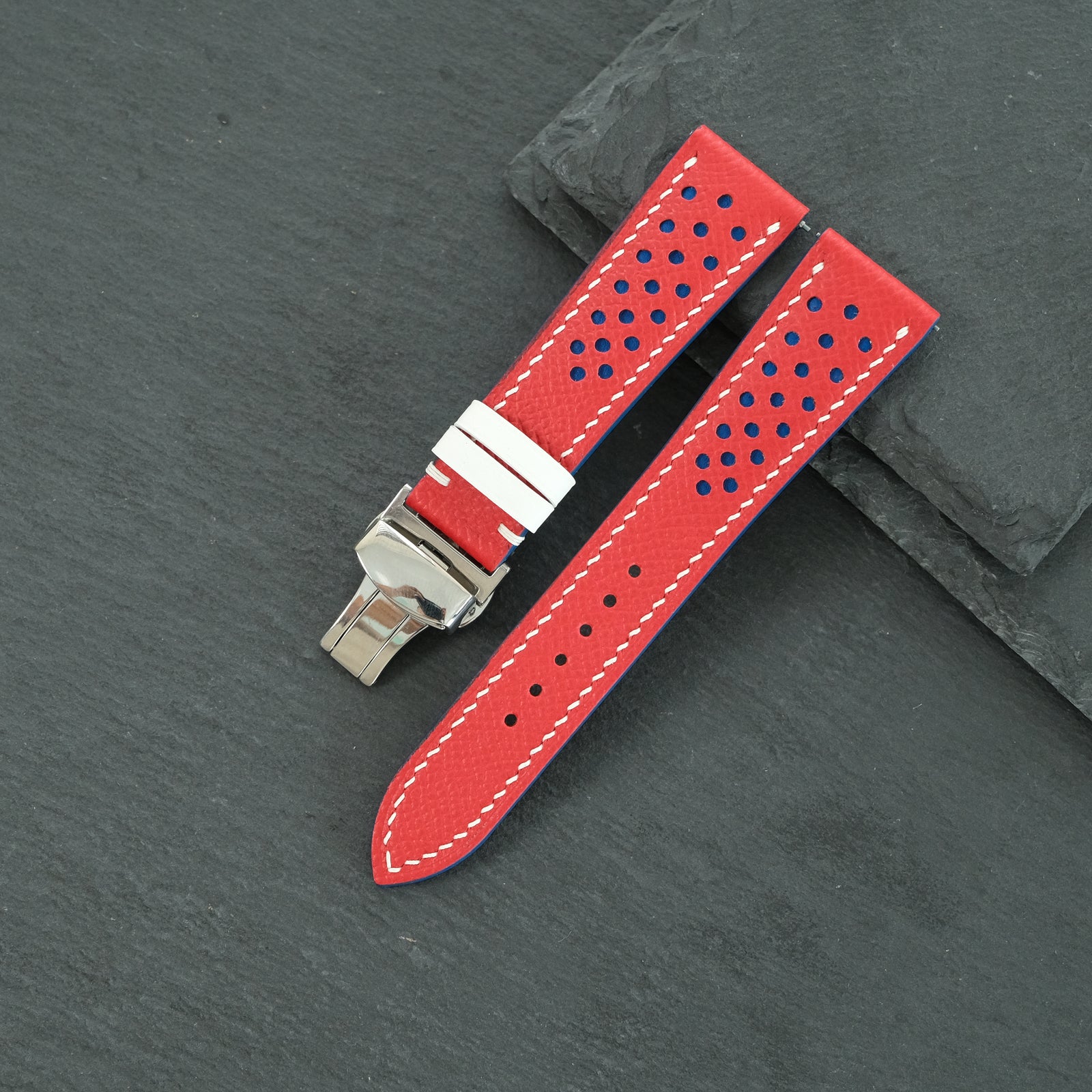 Flat Red Epsom Navy Rally Strap Racing Holes Leather Watch White Stitching