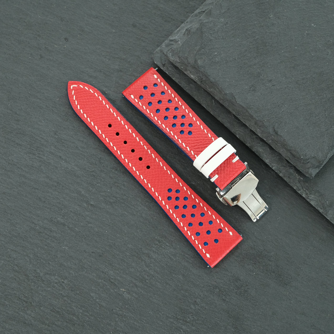 Flat Red Epsom Navy Rally Strap Racing Holes Leather Watch White Stitching
