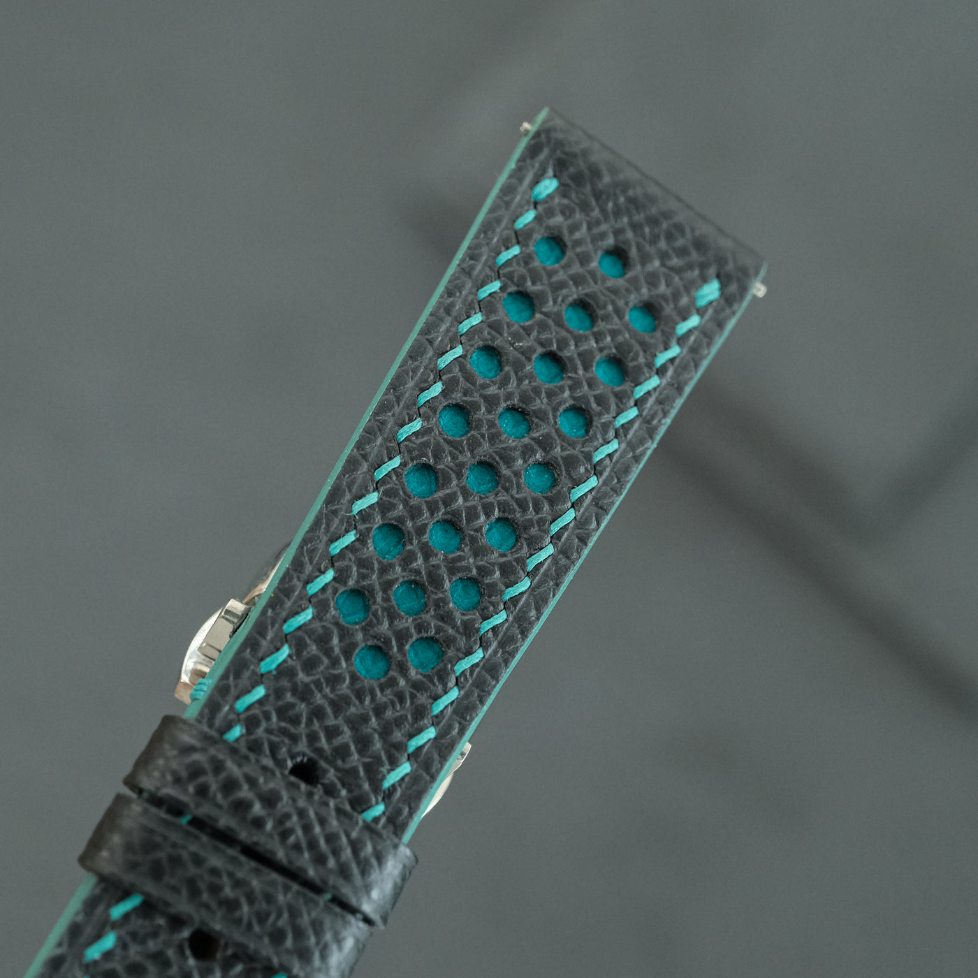 Flat Black Epsom Leather Rally Watch Strap - Turquoise Racing Holes & Stitch