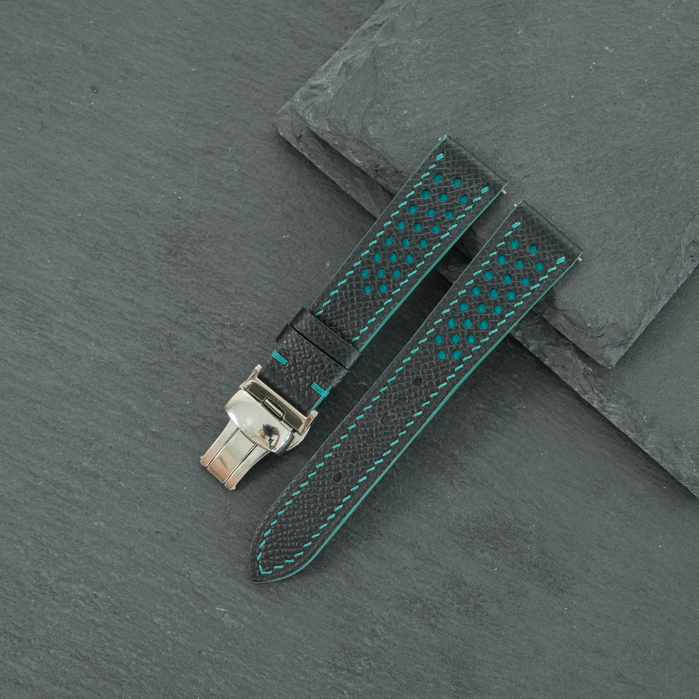 Flat Black Epsom Leather Rally Watch Strap - Turquoise Racing Holes & Stitch