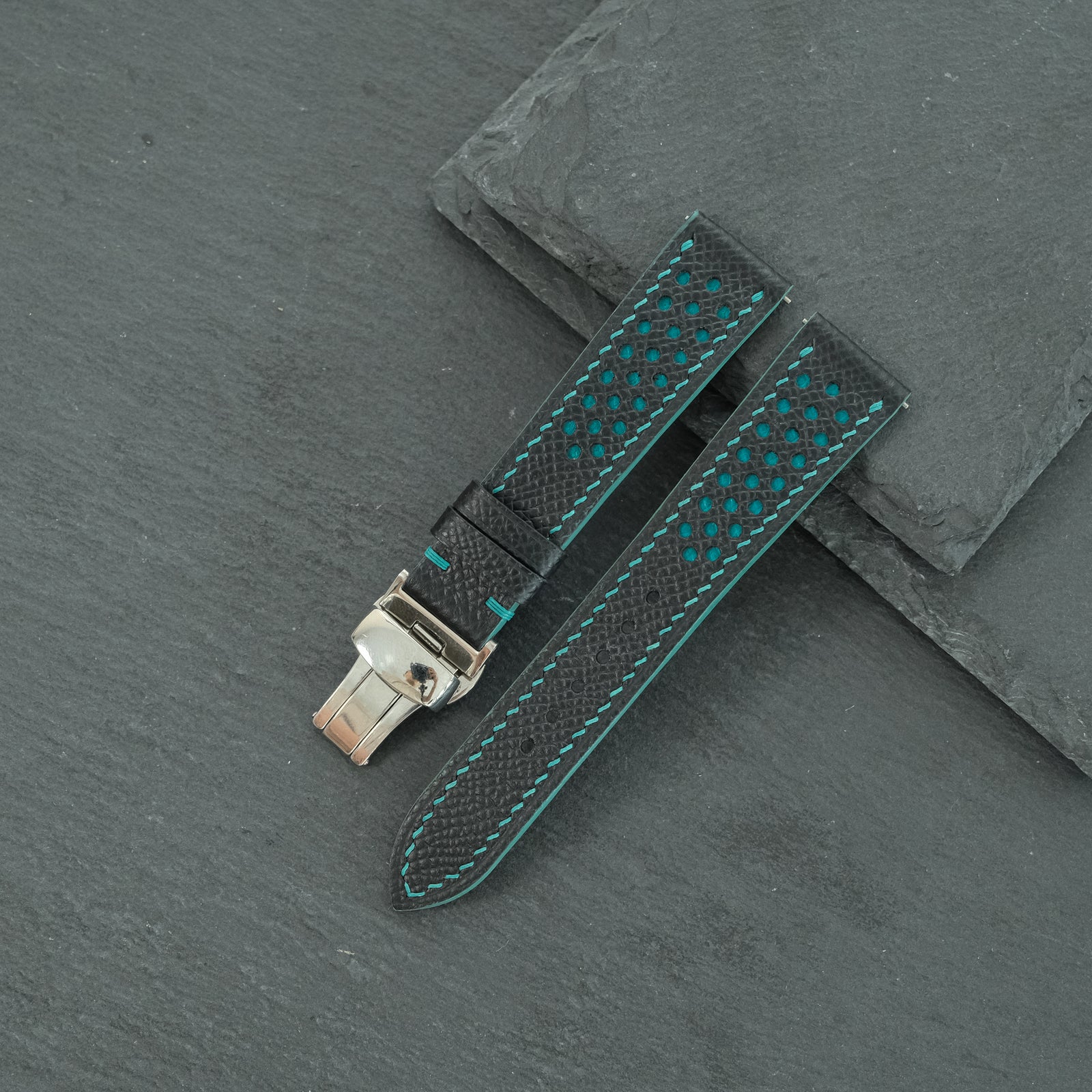 Flat Black Epsom Leather Rally Watch Strap - Turquoise Racing Holes & Stitch