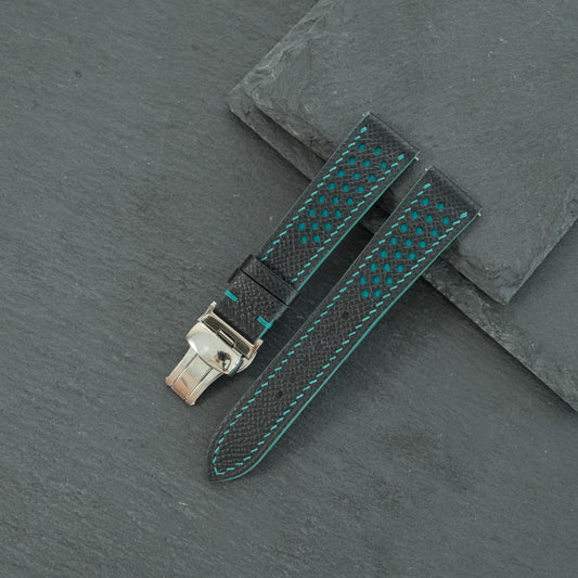 Black Rally Watch Strap - Turquoise Stitch