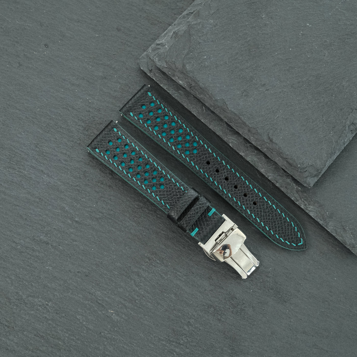 Flat Black Epsom Leather Rally Watch Strap - Turquoise Racing Holes & Stitch