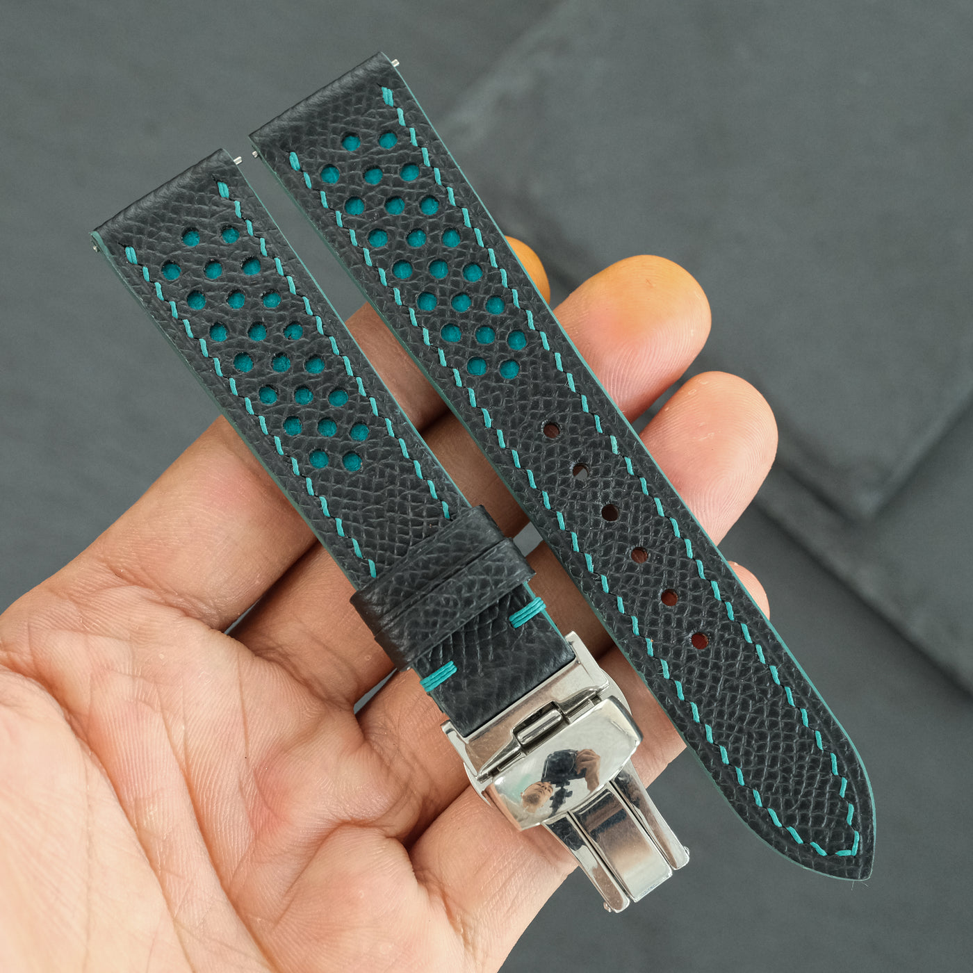 Flat Black Epsom Leather Rally Watch Strap - Turquoise Racing Holes & Stitch